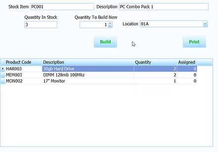 Stock Control bill of materials screen showing a finished item and component quantities